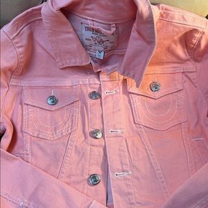 Women’s True Religion Pale Orange Ruffle-Front Jean Jacket! Large Ex. Cond.